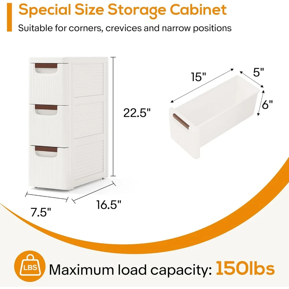خزانة تخزين الحمام النحيفة ذات 3 أدراج، منظم عربة دوارة بلاستيكية ضيقة مع أدراج، للمساحات الصغيرة، المطبخ،