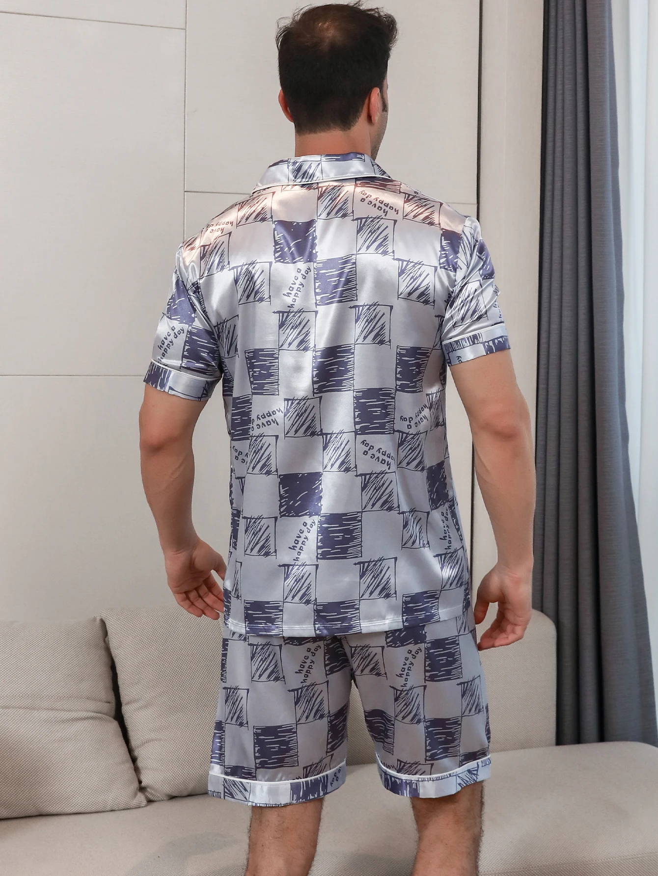 Pyjama à Manches Courtes pour Homme Ensemble Deux Pièces Vêtements de Maison Imprimés à Motifs Carrés Vêtements de Nuit d'Été