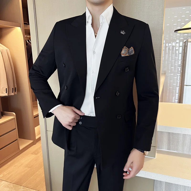 (Blazer + Trousers) Fashion Double Breasted Design Slim Men\'s Suit Italian Style Luxury Wedding Social Party Tuxedo 2 Piece Set