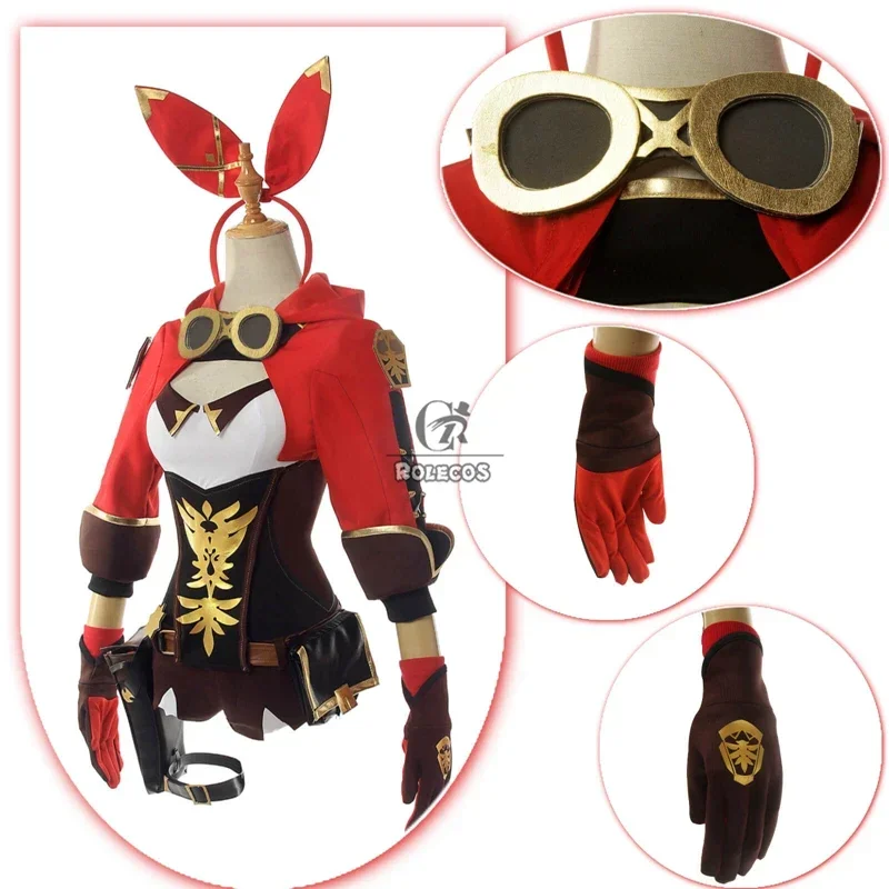 ROLECOS Game Genshin Impact Amber Cosplay Costume Amber Cosplay Costume Women Red Comtume Halloween Top Pant Uniform Full Set