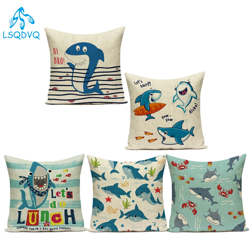 Decorative Throw Pillows Case Cute Cartoon Animals Shark Fish Polyester Pillow Cushion Cover for Sofa Home Living Room Decor