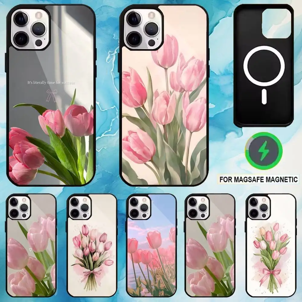 

Pink Tulip Flower Pattern Phone Case For iPhone17,16,15,14,13,12,11 Plus,Pro Max Magnetic For Magsafe Wireless Charging