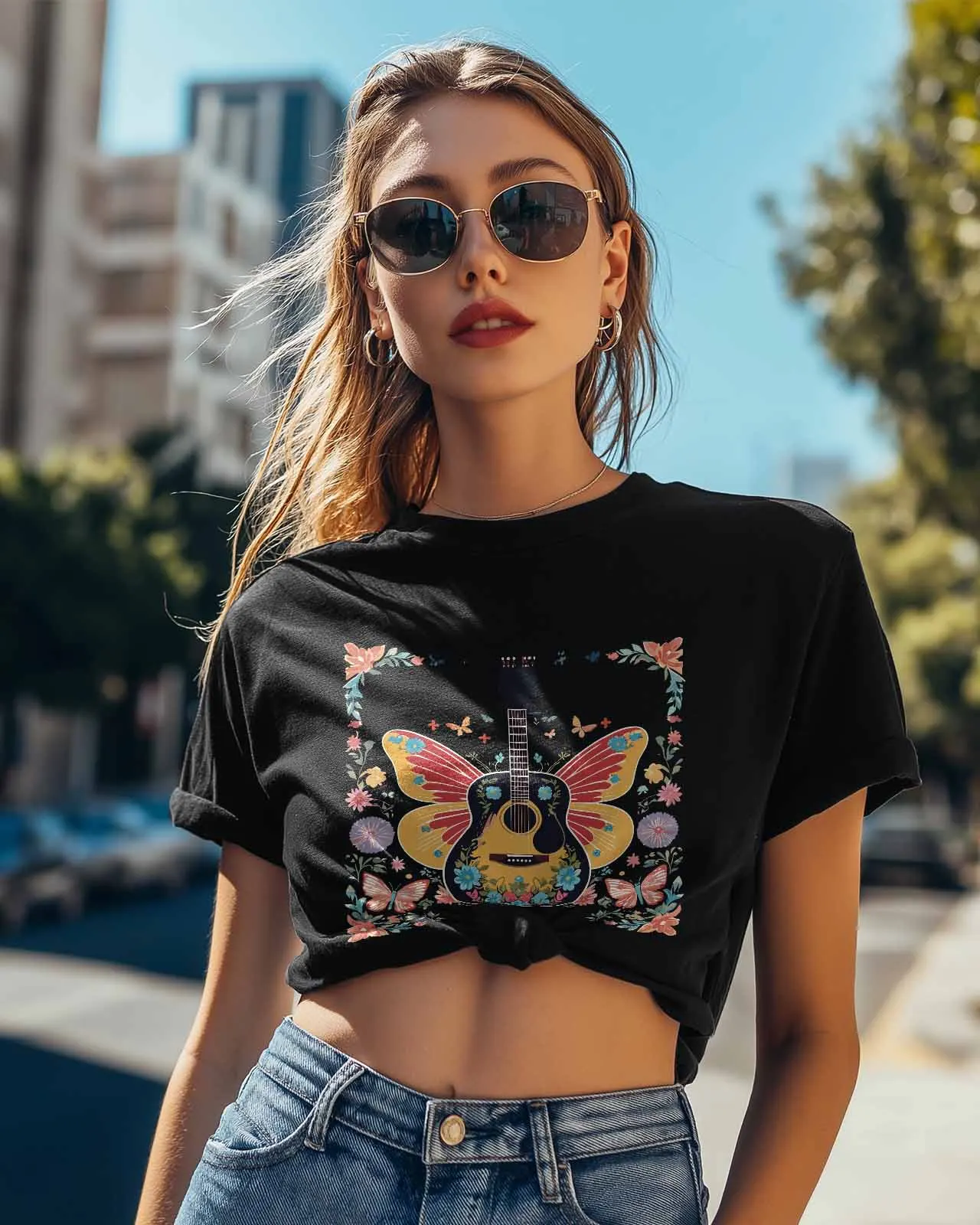 Guitar Butterfly Flower T-Shirt Lover Gift Sweatshirt Fitness T-shirt Short Sleeve O-neck Clothing Tops