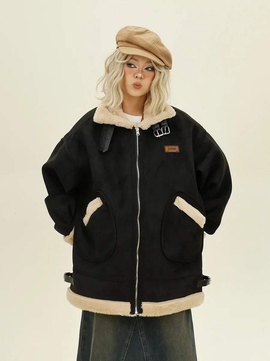 Suede Stand-up Collar Women Parkas 2024 Winter New Loose Bf American Trendy Locomotive Couple Coats