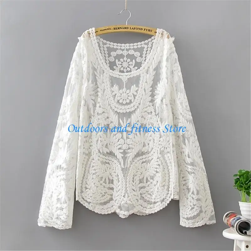 

H053 Women Swimsuit Cover Up Hollow Out Beach Top Long Sleeves Lace Beach Cover Up