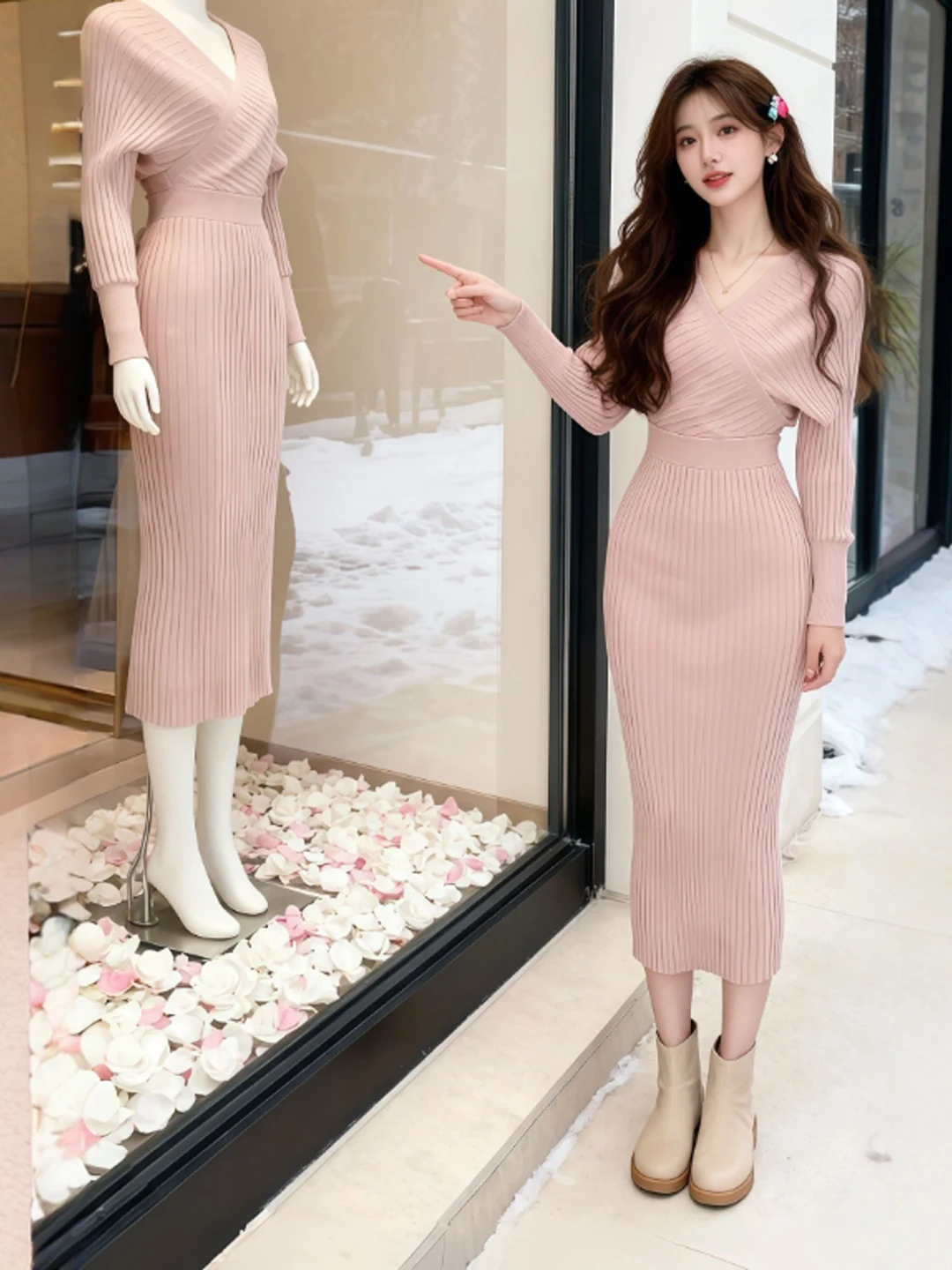 

Сексуальное вязаное длинное зимнее пальто с v-образным вырезом, одинаковая юбка, облегающая юбка с запахом средней длины до бедра, смесь хлопка, повседневная деловая одежда