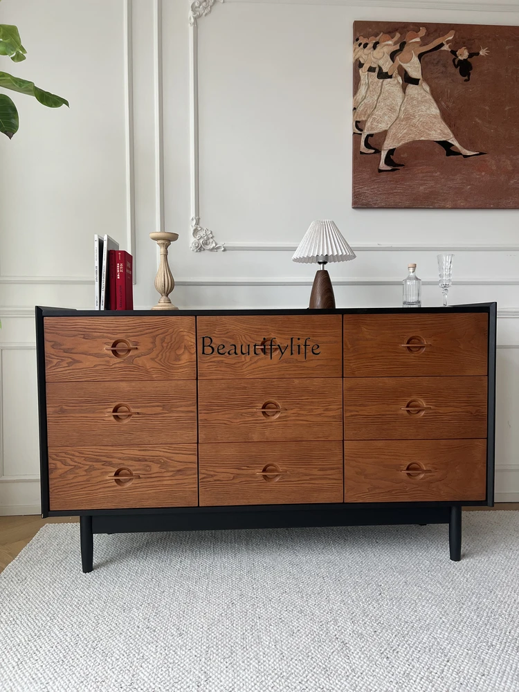 

French retro solid wood nine-bucket cabinet antique storage household living room color matching cabinet