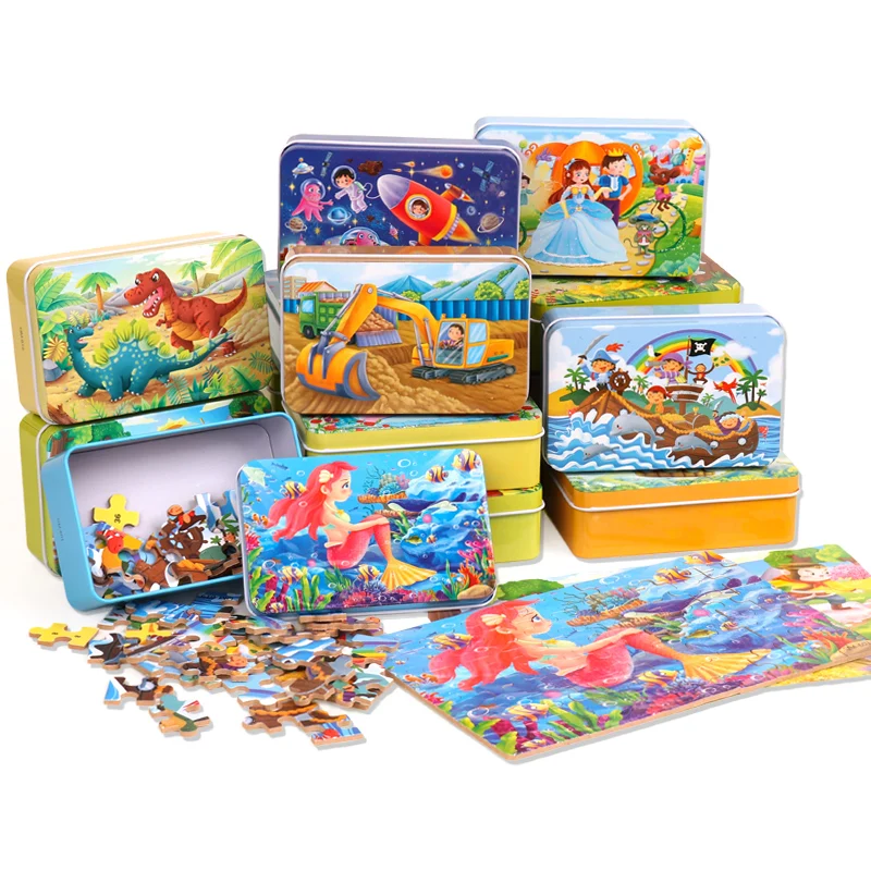 60Pcs Kids Wooden Jigsaw Puzzles Iron Storage Box Cute Cartoon Mermaid Castle Boys Girls Early Learning Educational Toy