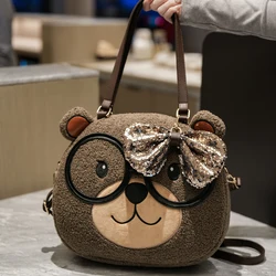 Cartoon Cute Spectacled Bear Plush Tote Shoulder Bags for Women Brand Luxury Designer Bag Large Capacity Bowknot Crossbody Bag