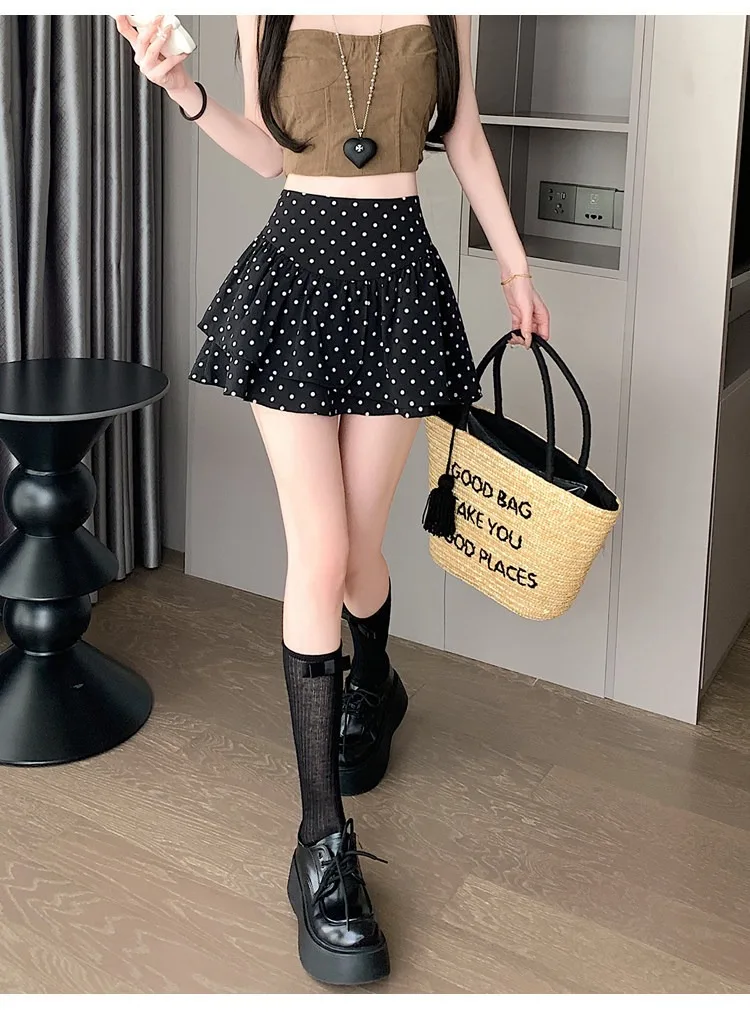 Koreanischer Stil Damen Polka Dot Minirock Hohe Taille Rüschen A-Linie Lässiger Pendler-Kurzrock mit Innenfutter – Detail 15