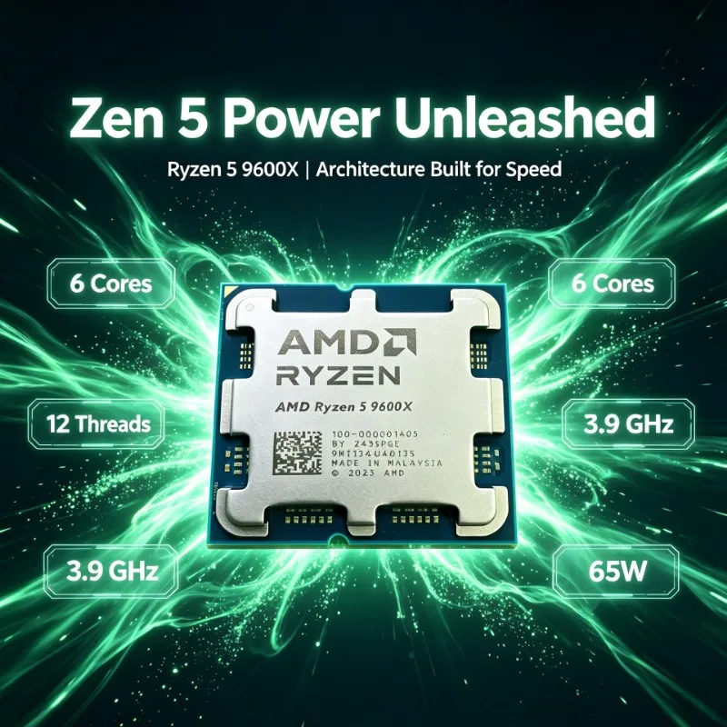 6‑Core 12‑Thread AM5 Processor AMD R5 9600X 5.4GHz 32MB L3 Cache 65W 4NM DDR5 Desktop CPU Without Cooler