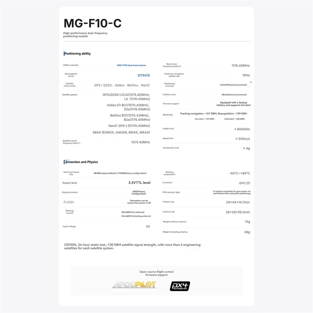 ▶○【On Sale】MG-F10-C Dual-Frequency GNSS Module L1+L5 Sub-Meter Positioning Module IST8310 Compass for /PX4 Flight Control