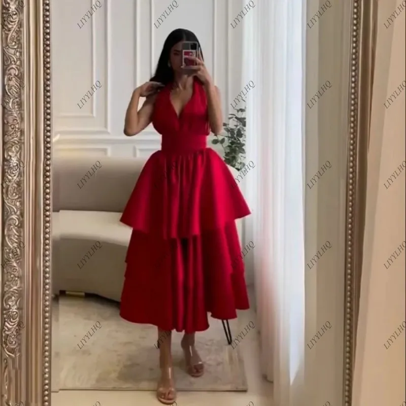 

Hot Red Tiered Arabia Prom Dresses Sexy V Neck Backless A Line vestidos de festa Sleeves Tea-Length Dubai Women Party Gowns