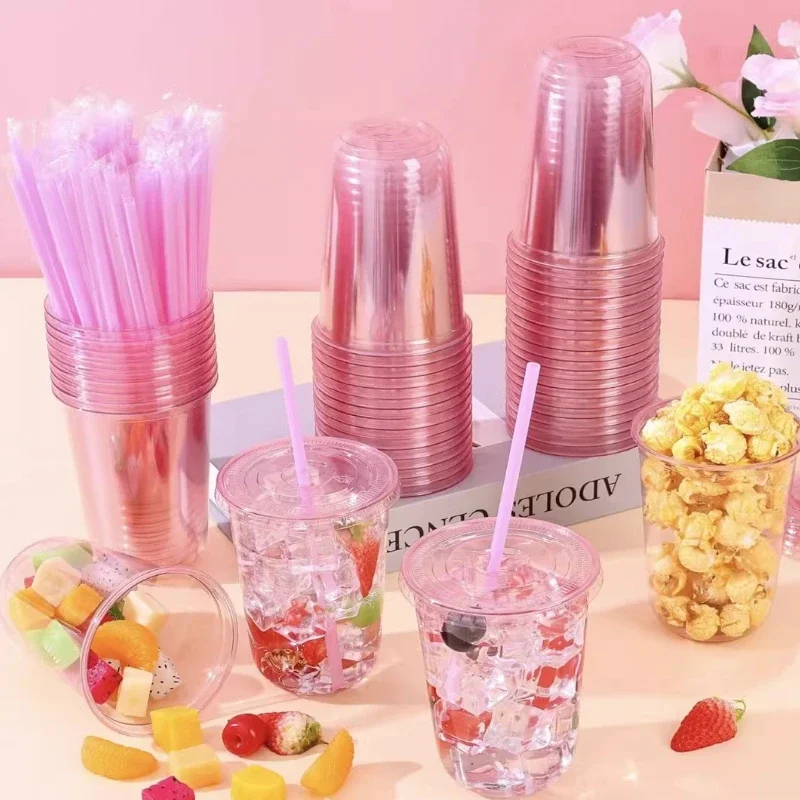 50pcs Disposable Cold Drink Cup Plastic Wine Glass Birthday Party Cocktail 12oz Pink PET Thicken U-shaped Single-use Cups - view 6