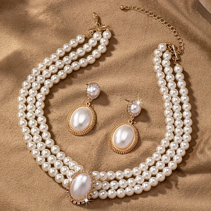 stylish Imitation Pearl necklace and a pair of stylish Imitation Pearl pendant earrings for Women's set view 5