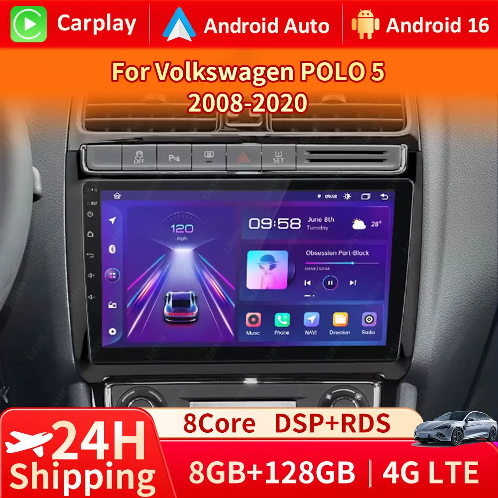 Multimedia de coche para VW Volkswagen POLO 5 2008-2020 Vento inalámbrico Carplay Android 15 Auto Radio estéreo DSP 2 Din 4G WIFI