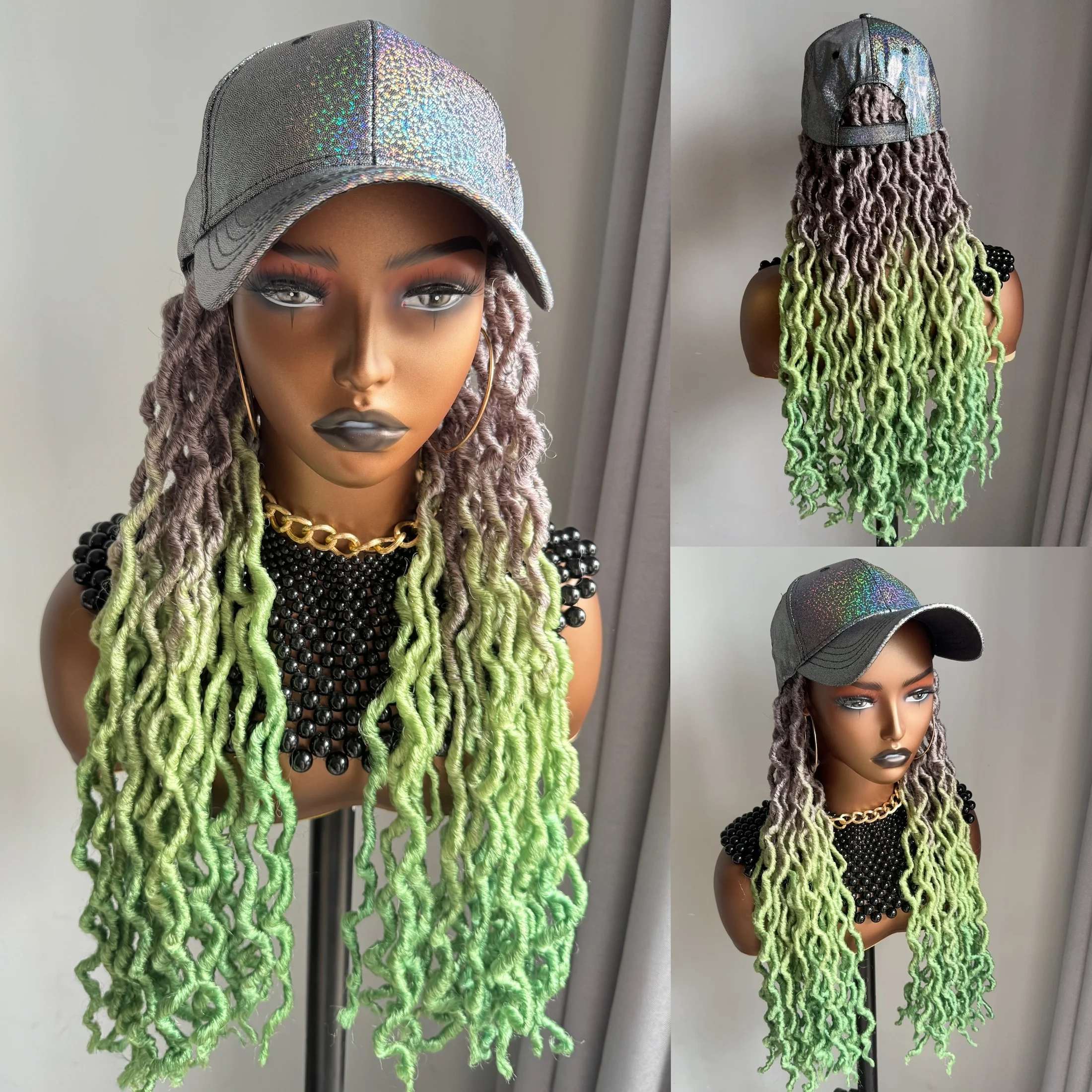 Lange Grijze Licht Donkergroene Zachte Zigeunervlechten Godin Faux Locs Met Pet Golvende Twist Vlechten Extensions Met Hoed Voor Zwarte Vrouwen