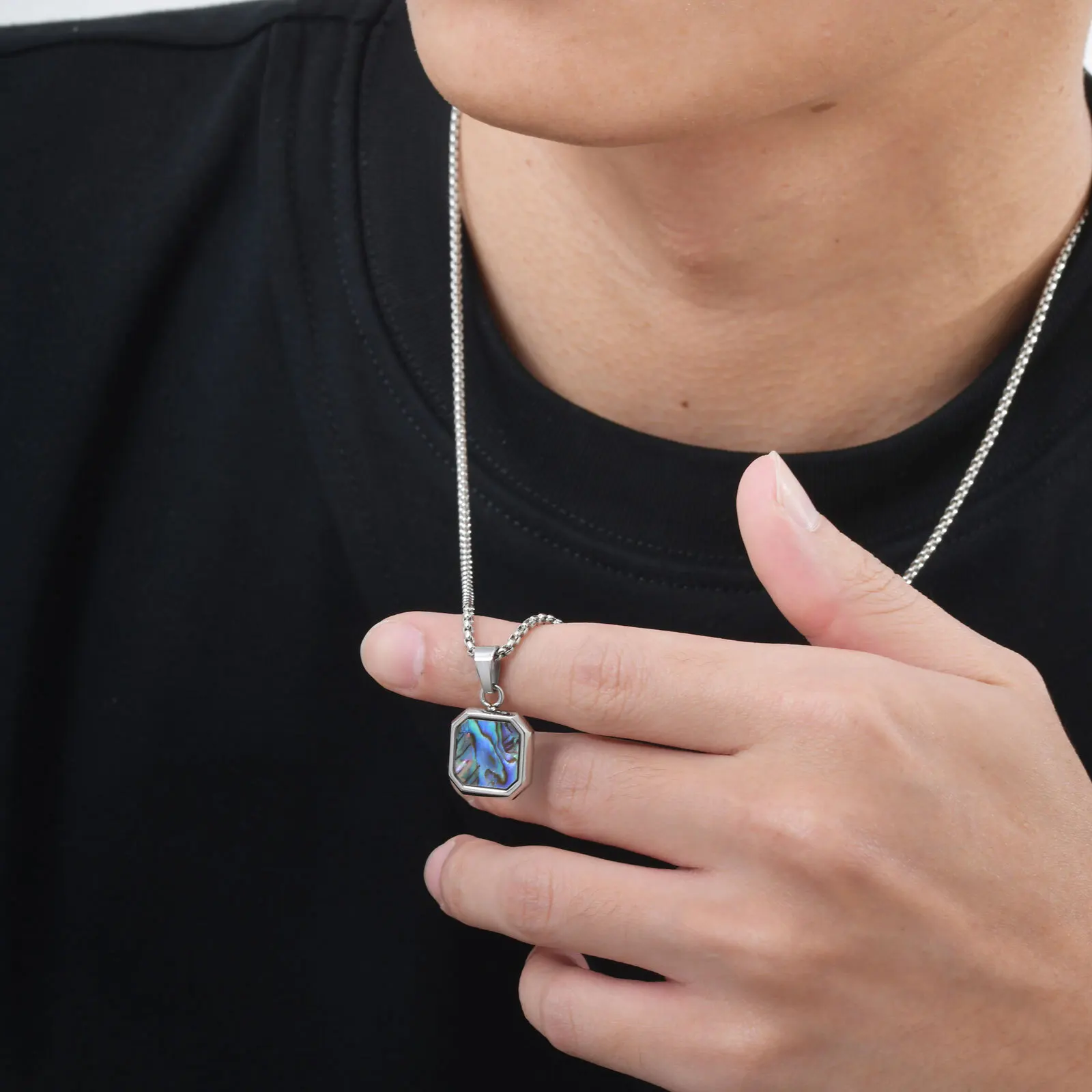 Trendige Herren-Halskette, quadratische Abalone-Muschel-Edelstahl-Halskette, Geburtstagsfeier, Vater-Schmuck, Geschenk – Detail 3