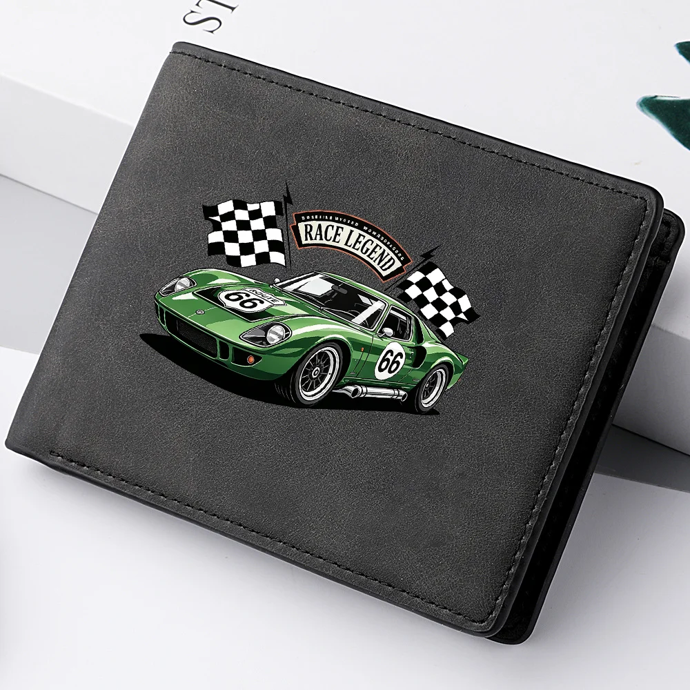 Men's Retro Racing Pattern PU Leather Double-Fold Short Wallet Minimalist Design Money Clip