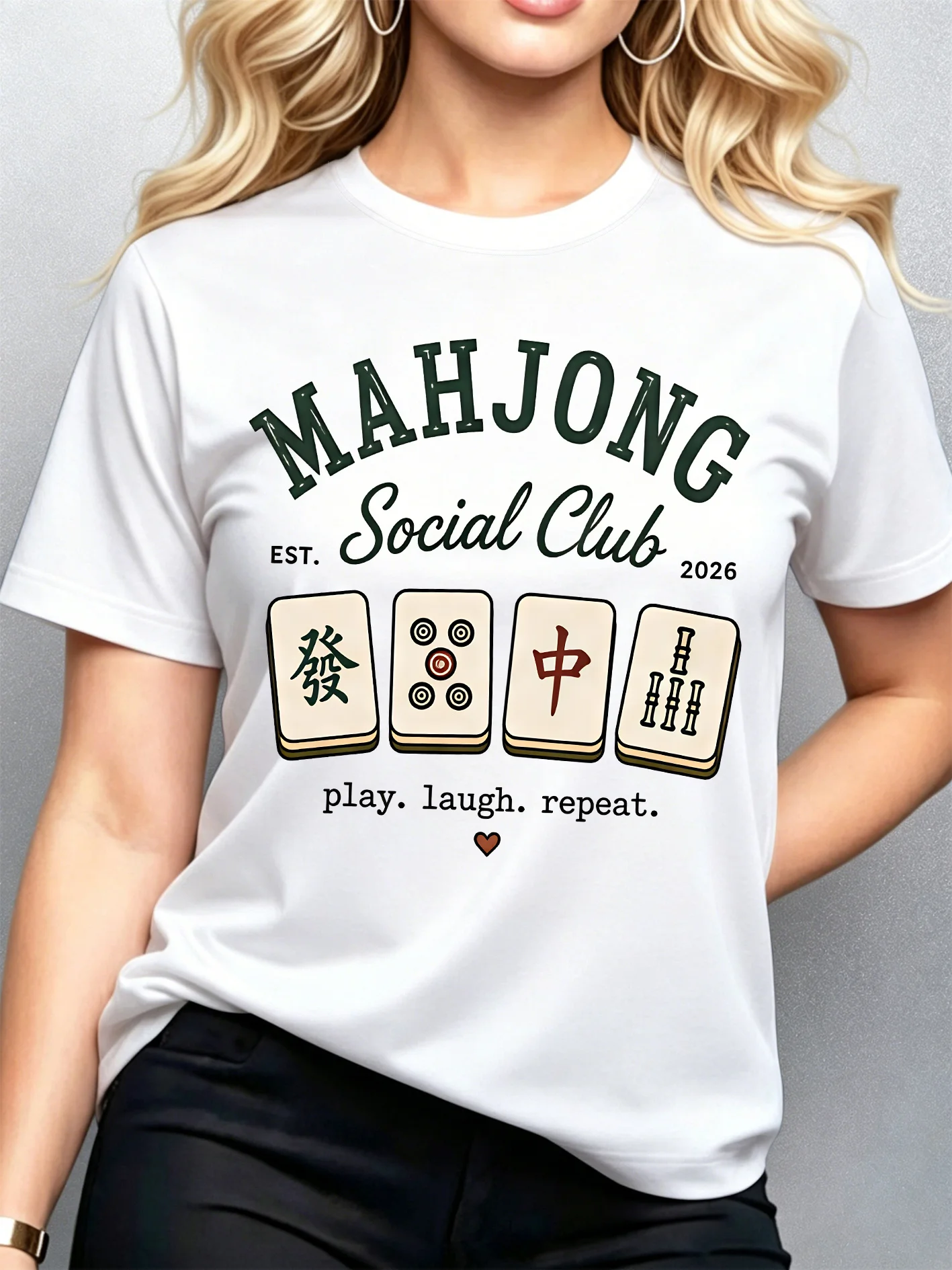 Mahjong Social Club Womens Crew Neck Short Sleeve T Shirt Chinese Mahjong Tile Play Laugh Repeat Casual Graphic Tees For Ladies