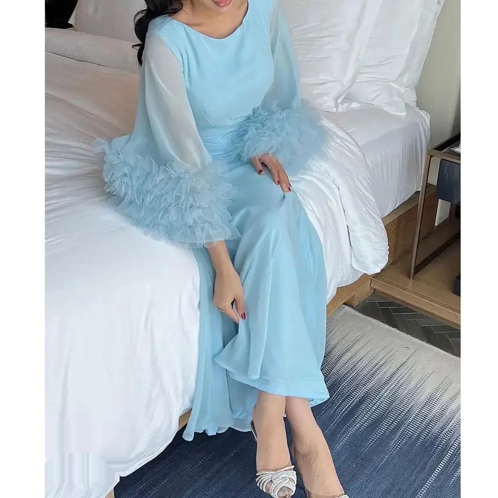 

O-Neck Saudi Prom Dress Long SLeeves Evening Dress With Ankle-Length Women Wedding Party Gowns 2024 Arabia