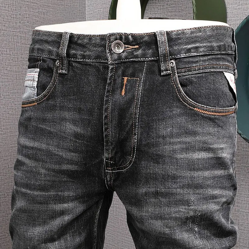 Italian Style Fashion Men Jeans High Quality Retro Black Gray Stretch Slim Fit Ripped Jeans Men Vintage Designer Denim Pants