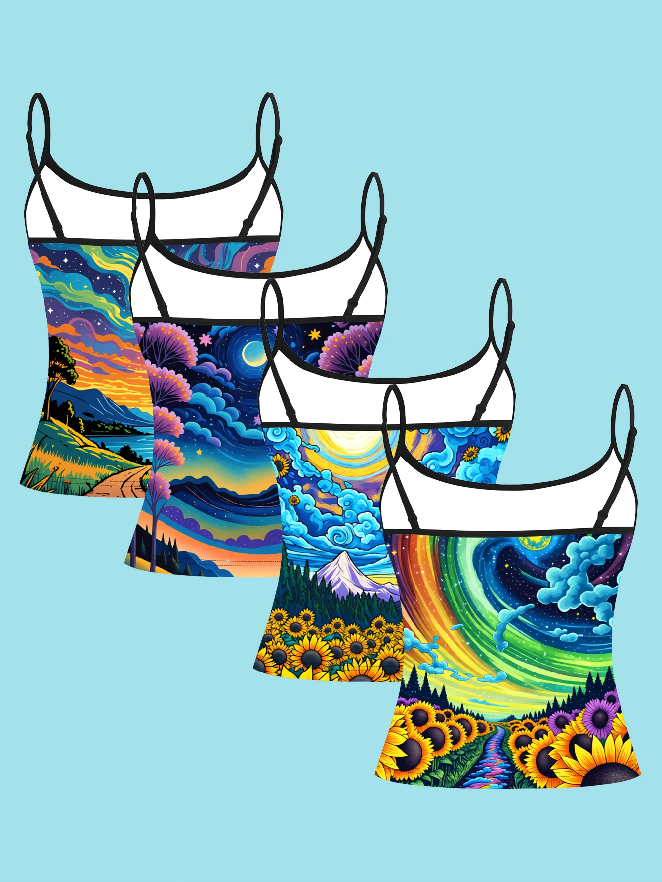 4-Piece Set of Van Gogh-Style Starry Sky Landscape Printed Camisoles, Sunflower Rainbow Mountain Landscape Oil Painting Spaghetti Strap Sleeveless Tops, Artistic Painted Slim-Fit Inner and Outer Wear Vest Set