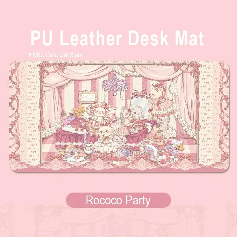 Pink Rococo Party PU Leather Desk Mat | XXL Waterproof Kawaii Mouse Pad for Girls, Office Dining Table Protector Decor