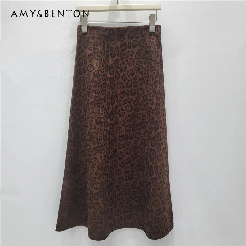 

Faux Suede Leopard Print Mermaid Skirt 2025 Autumn Winter Vintage High Waist Slim Fit Elegant A-Line Long Skirts Women's Clothes