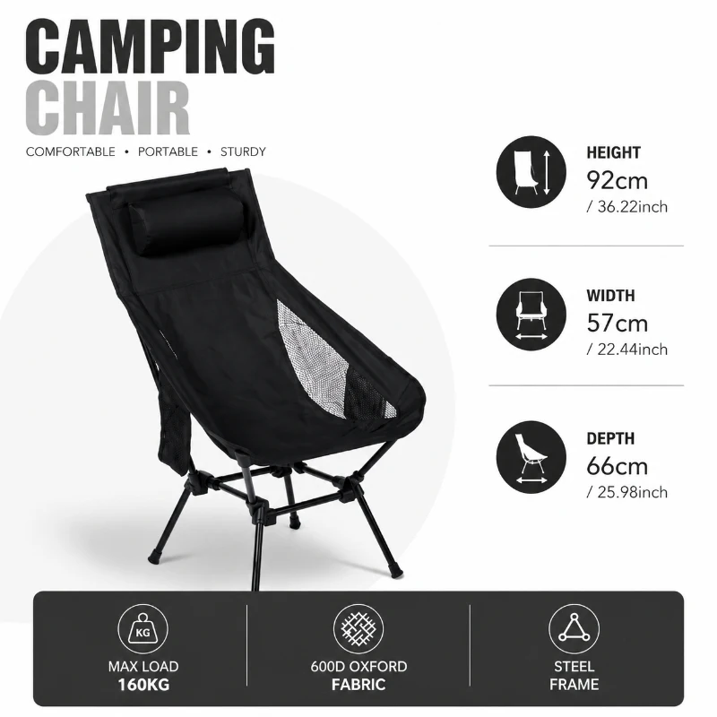 Folding Portable Camping Lounge Chair with Headrest, Durable Aluminum Frame Lightweight Seat for Fishing Picnic Outdoor Trip - view 2