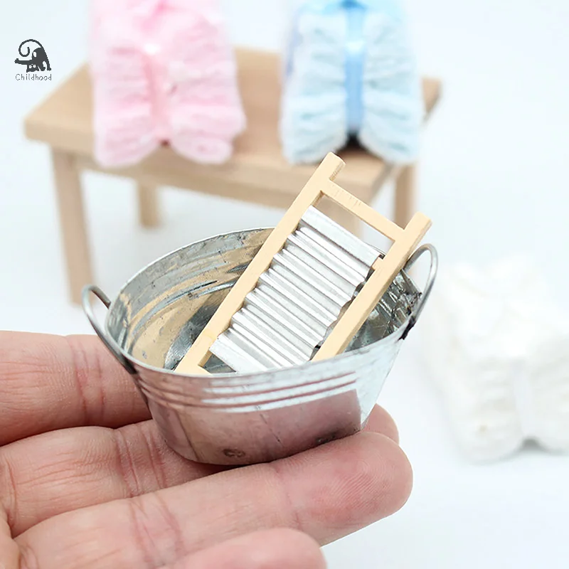 1Set 1:12 Dollhouse Miniature Washboard Iron Bucket Bathroom Model Decor Toy Doll House Accessories