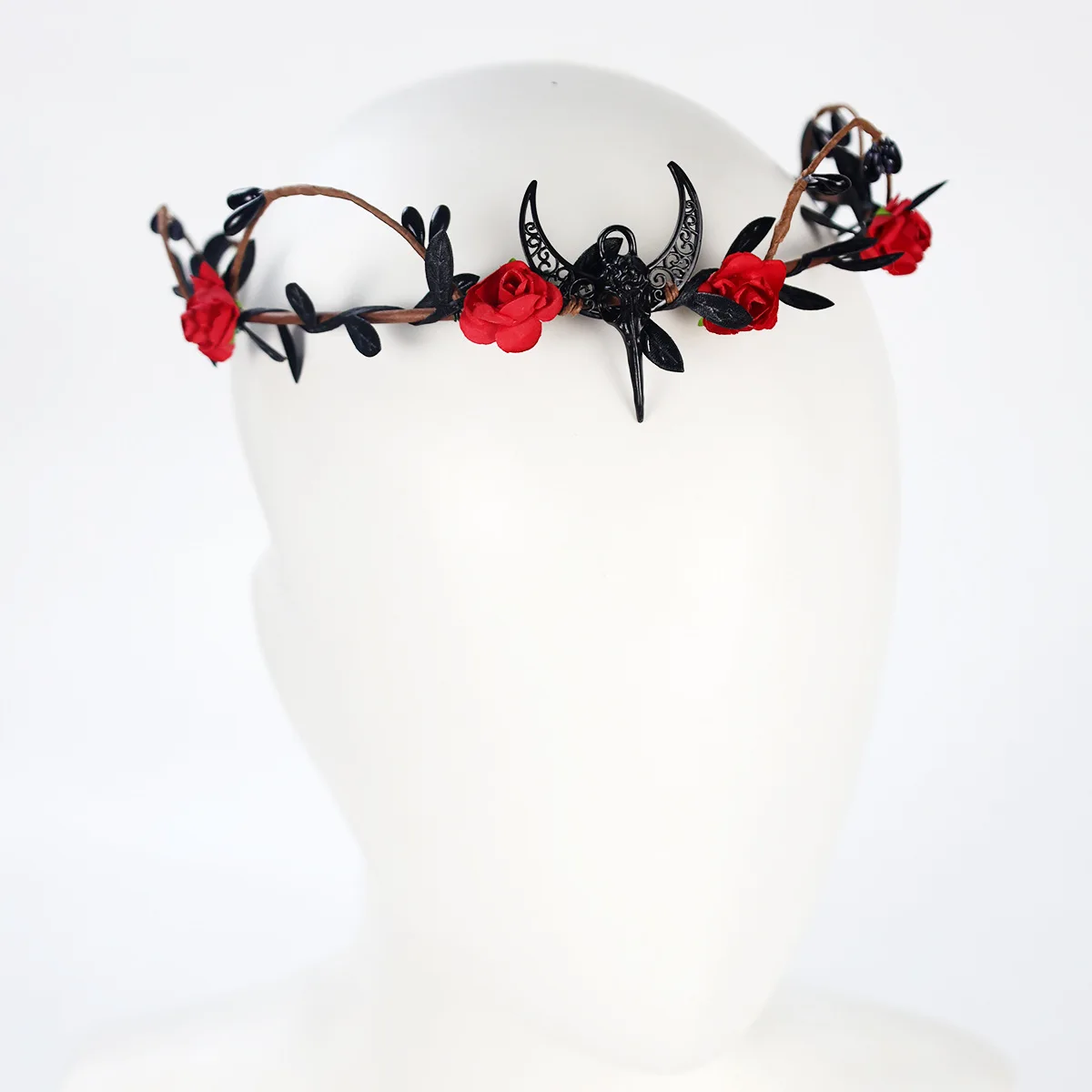 Gothic Halloween Black Crow Moon Flower Headband, Lolita Style Hair Wreath with Forehead Pendant for Women Girls Cosplay Party