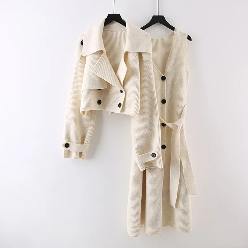 Home Wear Fashion Knitted 2 Pieces Set For Women Lapel Single Breasted Long Sleeves Patchwork Coat Straight Belt Dresses