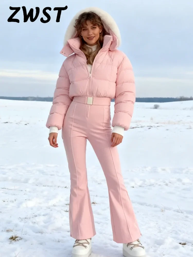 الوردي رشاقته الفراء المرقعة بذلة المرأة ضئيلة كم كامل هودي سستة عالية الخصر ملابس تزلج موضة شتاء دافئ سيدة رومبير