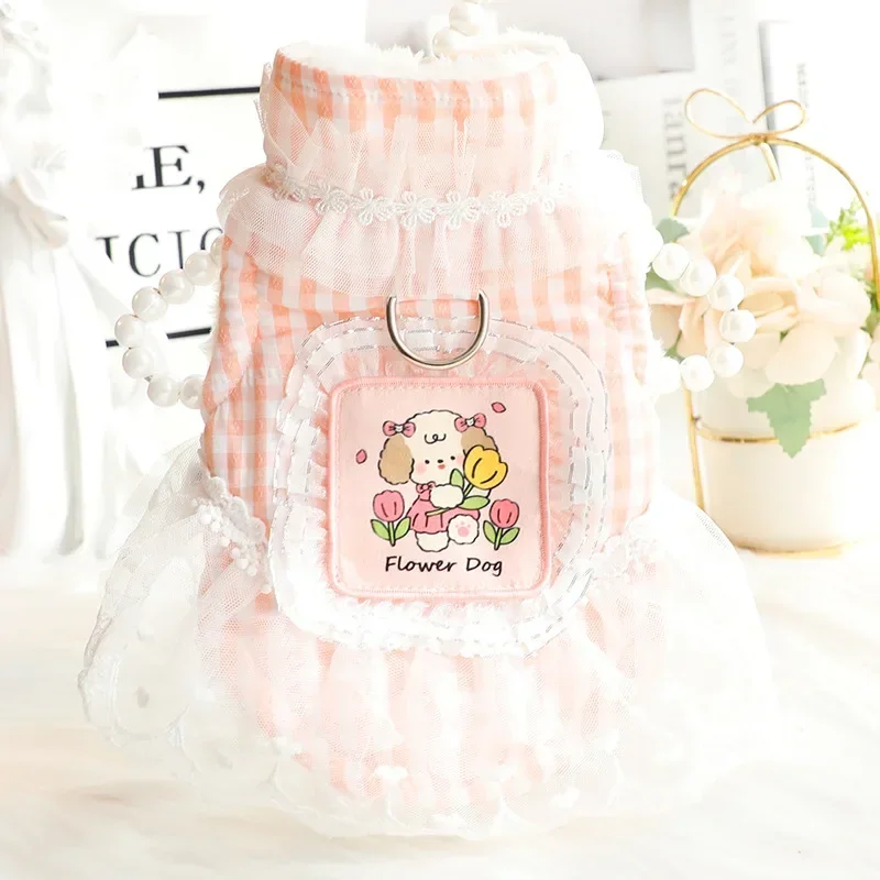 Princess Dog Cat Warm Dress plaid lace Design Fashionable Dog Clothing for Autumn and Winter