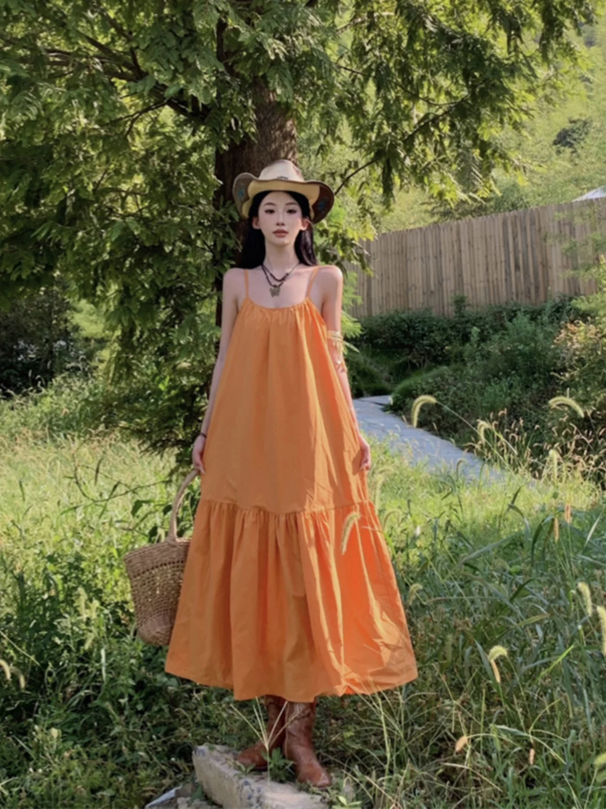 Alça de algodão laranja Dr Vaion solta preguiçosa Sle praia férias saia longa cintura solta fibra de poliéster verão sem Sve rou...