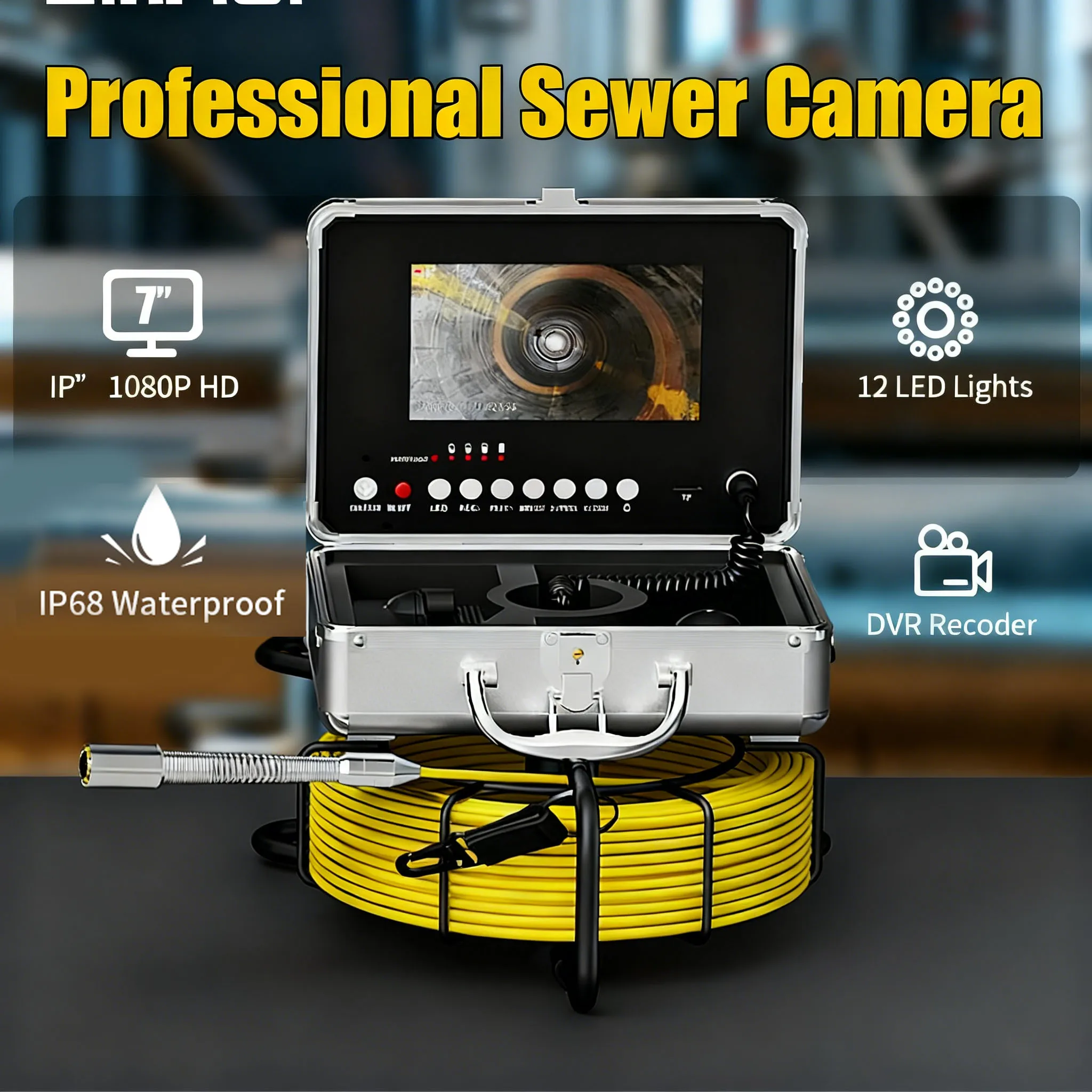 HD Rioolbuisinspectiecamera, Waterdichte IP68, AHD 1080P, 12 STUKS Hoge Intensiteit LED, 5X Beeldzoom, Video Audio-opname