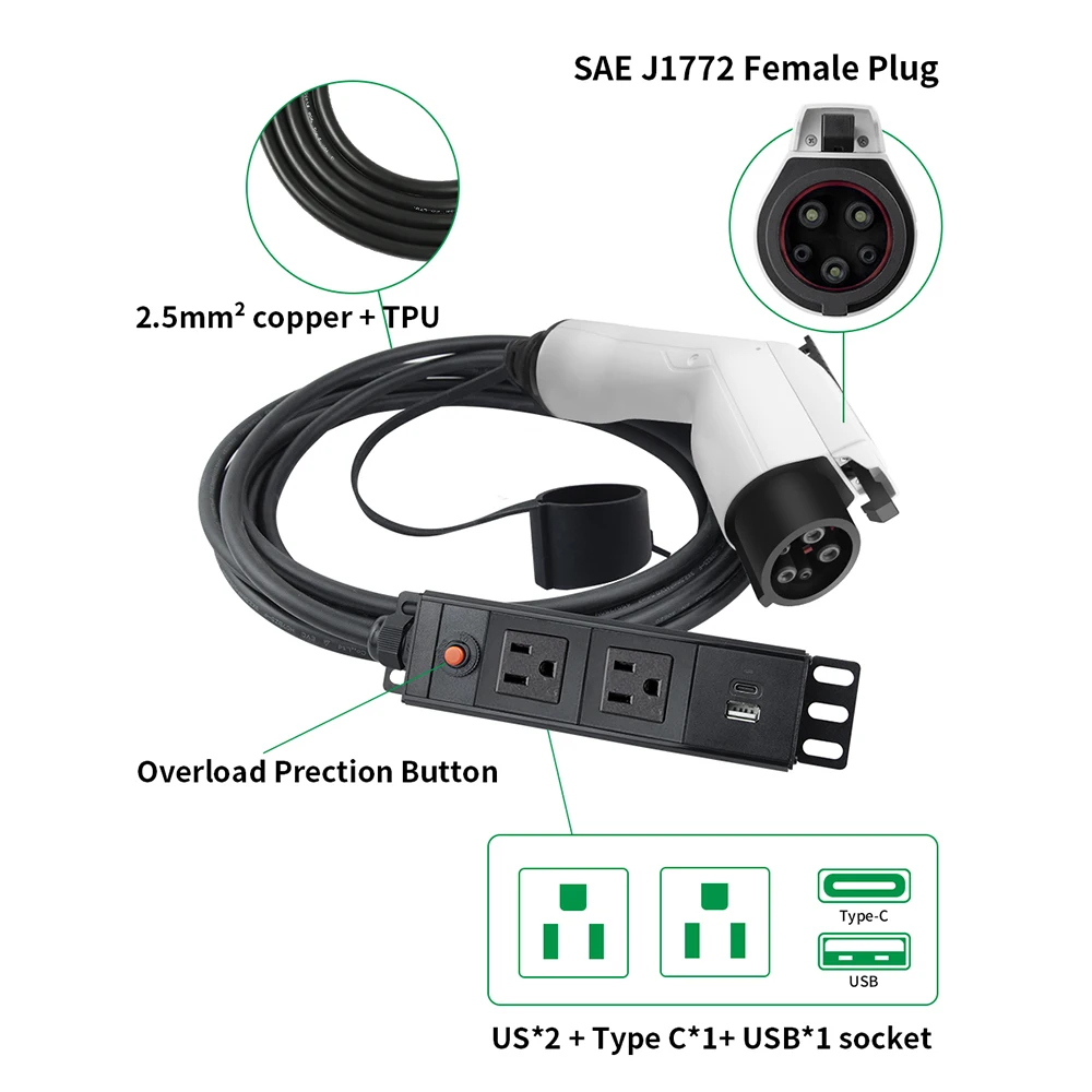 EVMBO New Energy Vehicles Discharger Cable 3/5M Type1 SAE J1772 3.5KW 15A 250V to JPN Socket for Electric Car Side V2L For BYD