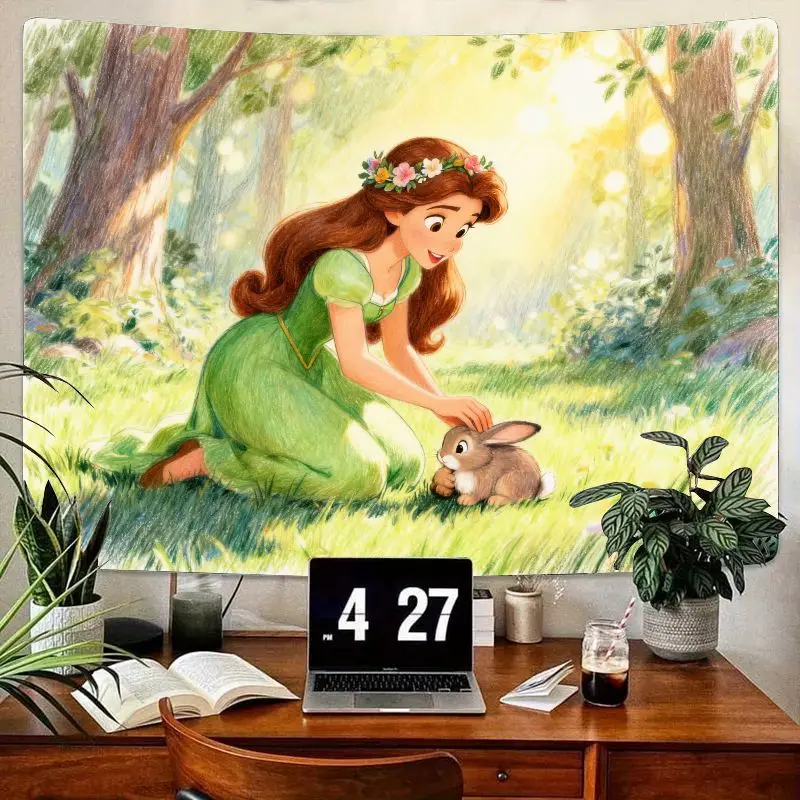 

1 шт. гобелен принцессы и кролика Cottagecore. Мечтательный настенный подвес «Зеленый лес». Эстетический подарок для спальни и гостиной.