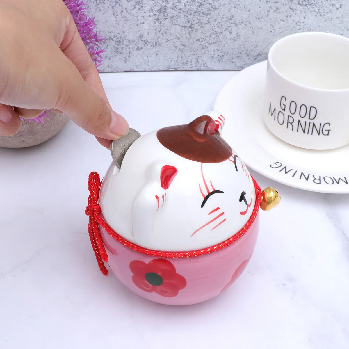 

Lovely Japanese Style Maneki Neko Cat Ceramic Candy Storage Box Coin Bank Business Opening Wedding Gift Fortune Mascot (Pink)