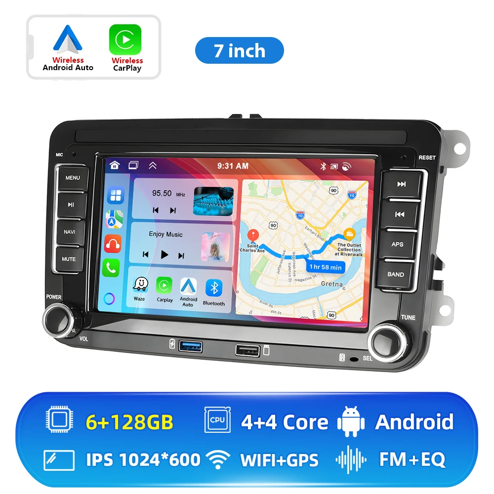Podofo 6+128G Android 2Din autoradio met Carplay, Android Auto, GPS, FM-ontvanger, AI-stem, DSP voor VW, Seat, Skoda, PASSAT, GOLF