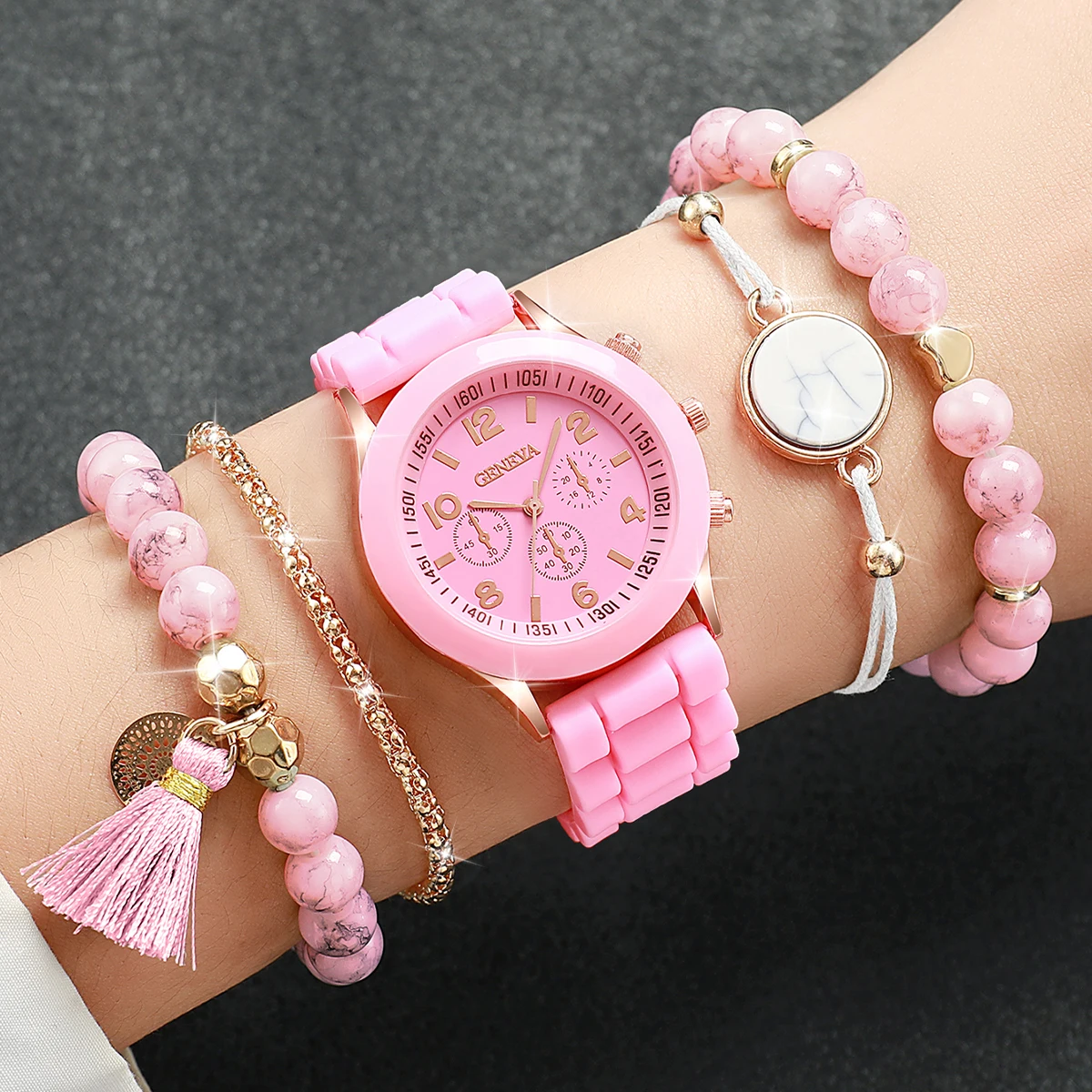 5PCS/Set Fashion Arabic DIal Women Watches Casual Silicone Band Quartz Watch Beadeds Bracelet Set Reloj Mujer（Without Box）