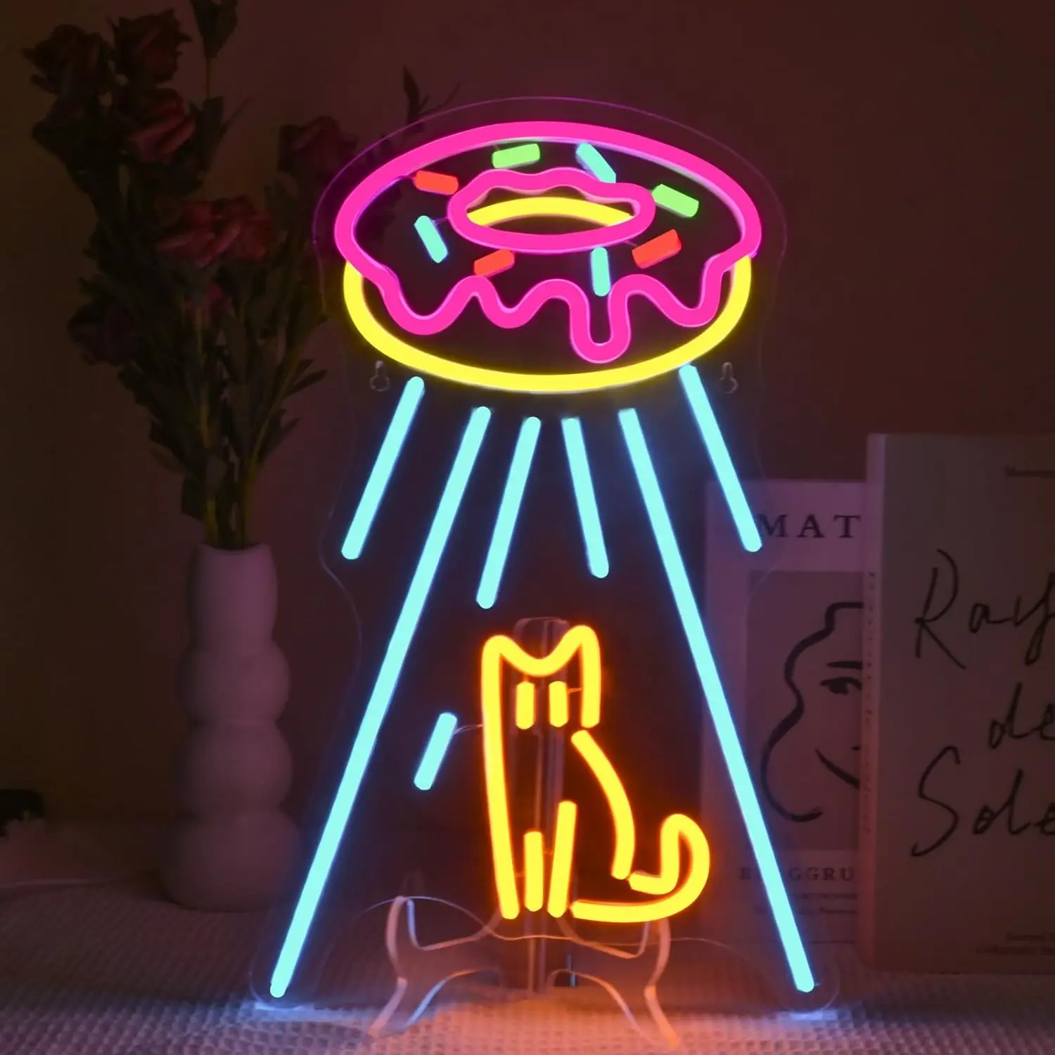 

Doughnut UFO Neon Sign Light Little Cat LED Neon Sign USB Dimmable for Bedroom Man Cave Bar Living Room Decor Birthday Gifts