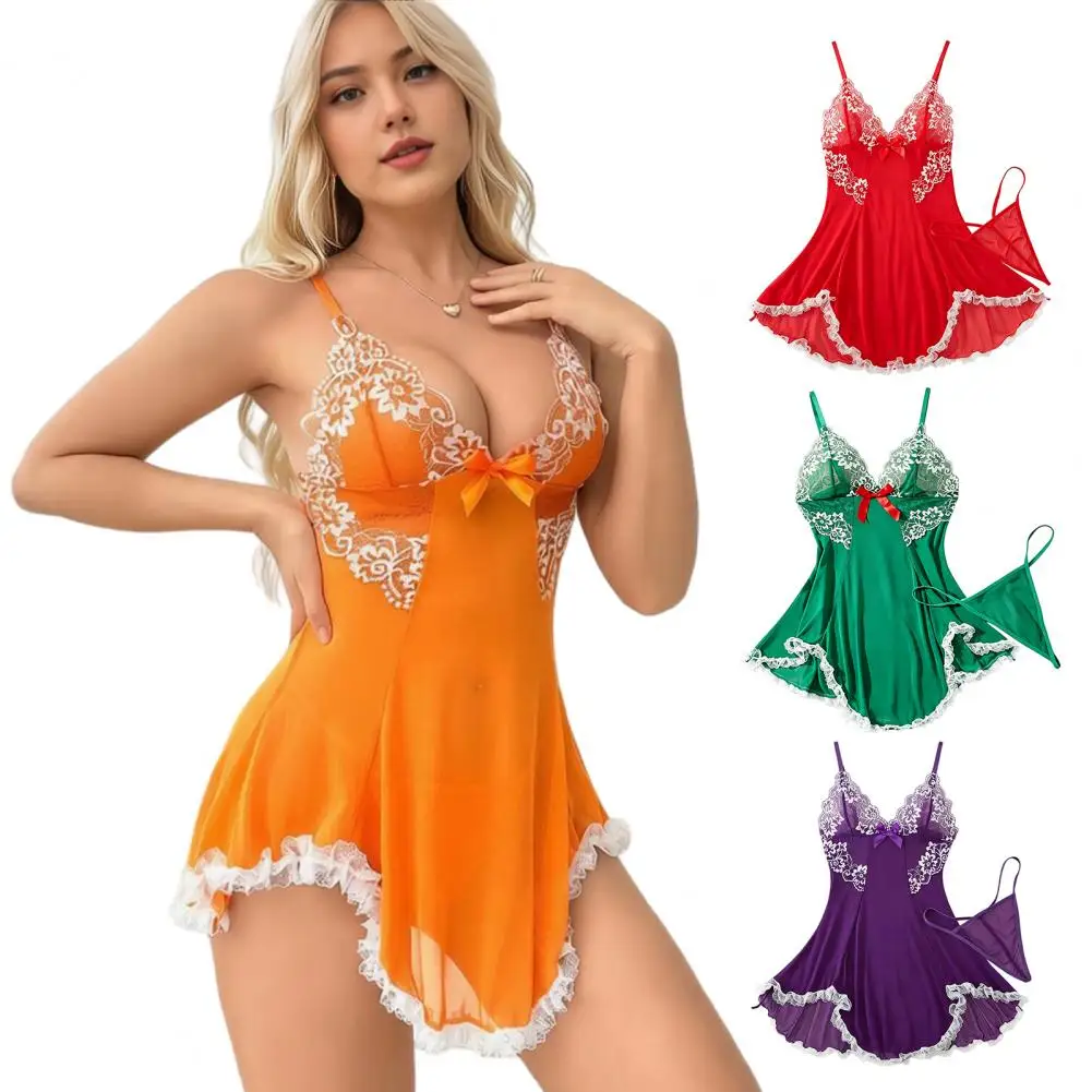Women Nightgown Ultra-thin Mesh Nightdress Plus Size Sexy Babydoll Nightdress V Neck Lace Sheer Mesh Chemise Slip for Women