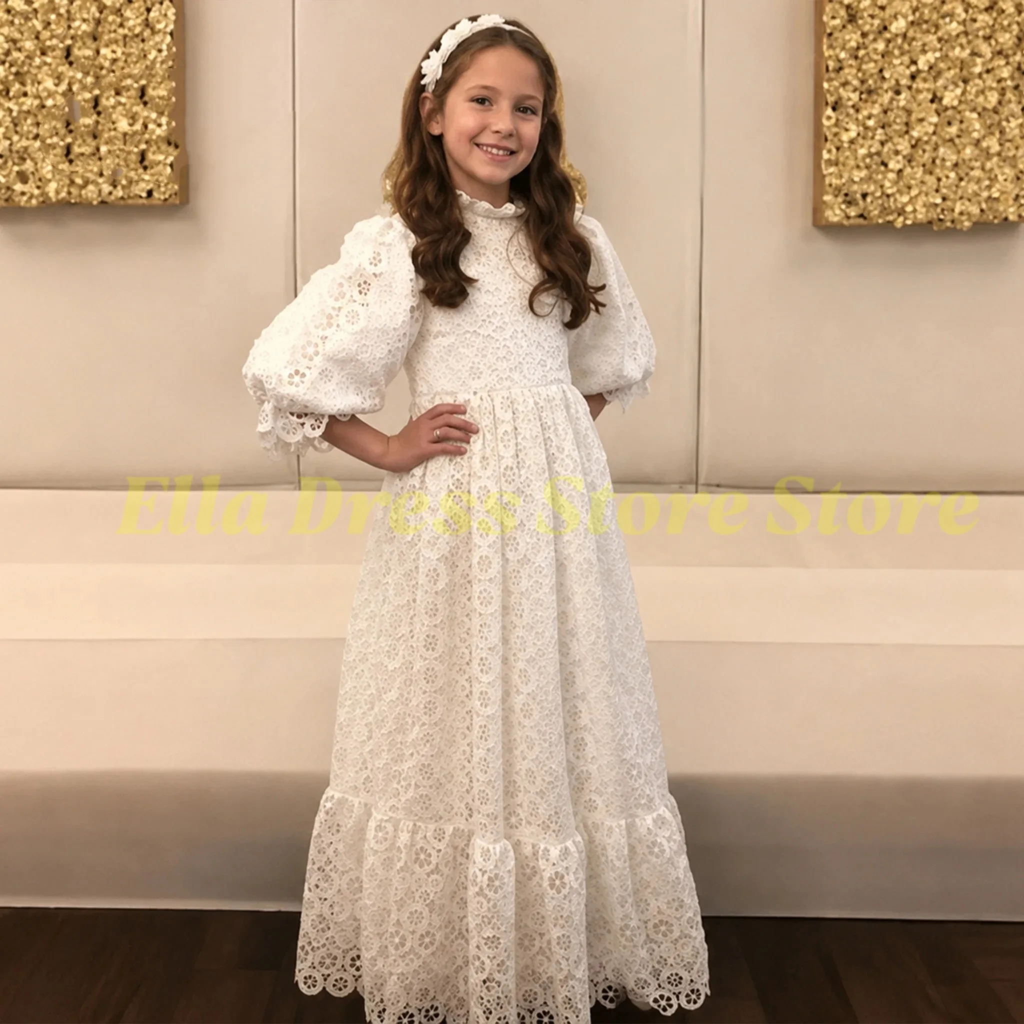 Großhandel Blumenmädchenkleid Maßgeschneidert mit Halbarm für Hochzeit, Puffärmel, Ballonärmel, Festzug, Geburtstag, Hochgeschlossenes Mädchenkleid – Detail 2