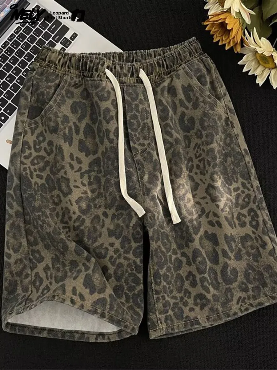 

NELY Summer Thin Elastic Waist Leopard Print Men's Straight American Retro High Street Trendy Brand Five-Quarter Pants
