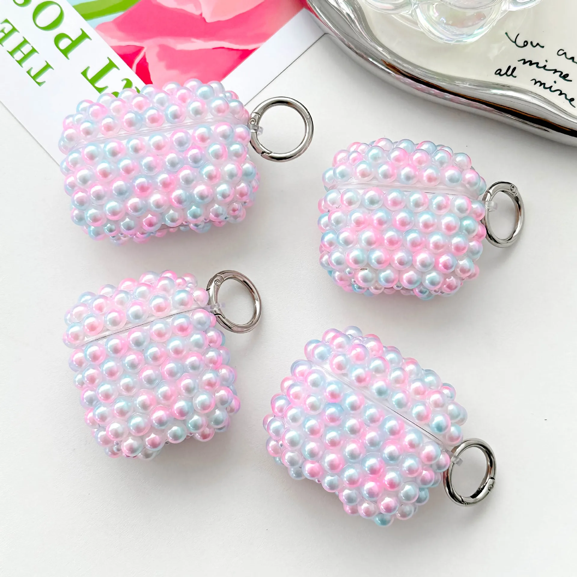 Gradient Aurora 3D Pearl Beads Case For AirPods Pro 2 3 4 1 Colorful Beaded Earbud Cover With Keychain Girl Headphone Protector
