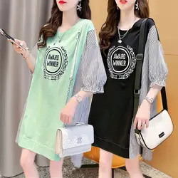 Summer Oversized Patchwork T-Shirts Women Clothing Korean Printing O-neck Short Sleeve Mid Length Top New Casual Tshirt Dress