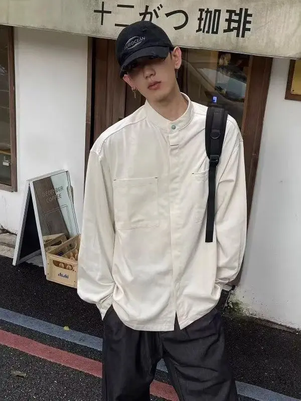 

Loose Fit Long Sve Casual irt Men's Spring Autumn Pure Color Stand Collar Open Cardigan Outerwear Youth Faion Sle