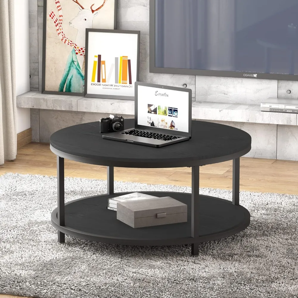 Round Coffee Table, 36" Rustic Wooden Surface Top & Sturdy Metal Legs Industrial Sofa Table for Living Room Modern Design Home